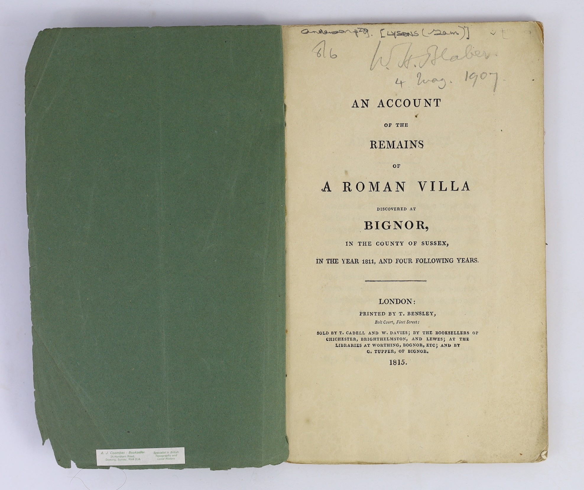 ARUNDEL: (Lysons, Samuel) - An Account of the Remains of a Roman Villa discovered at Bignor ... hand-coloured folded plan and 5 plates; old wrappers. printed by T. Bensley ... 1815